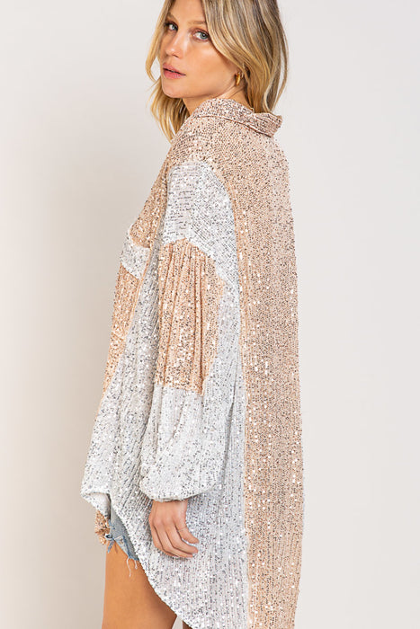 Sequin Button Up- Gold/White