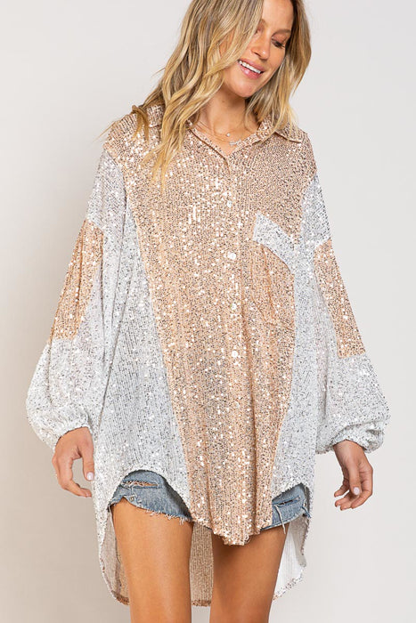 Sequin Button Up- Gold/White