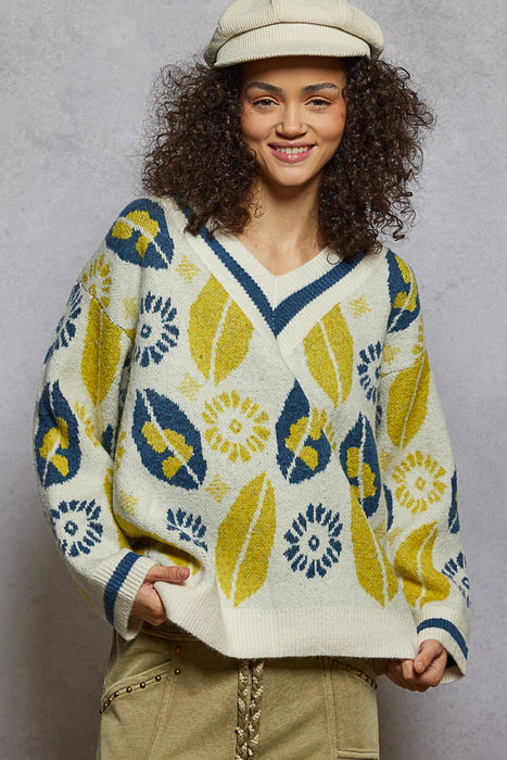 Cream Multi V Neck Sweater