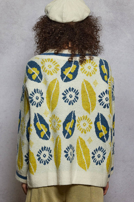 Cream Multi V Neck Sweater