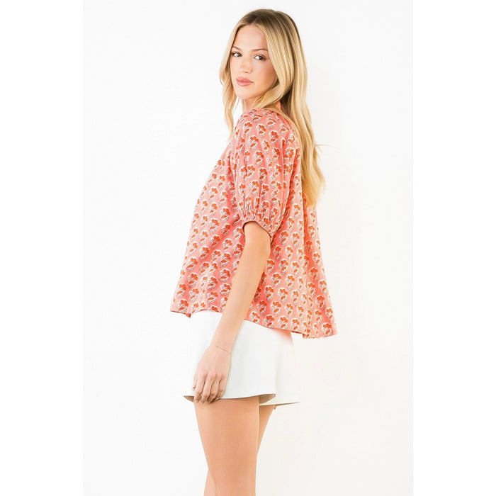 Short Sleeve Patterned V-Neck Top