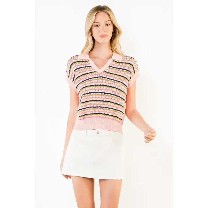 Short Sleeve Collared Striped Knit Top