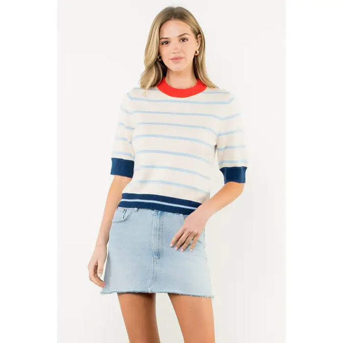 Colorblock Rib Trim Striped Knit Top