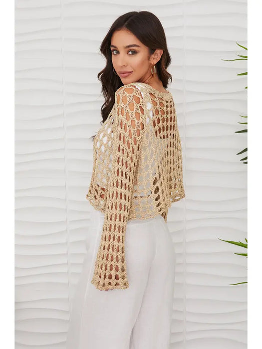 Scoop Neck Open Crochet Bell Sleeve Top