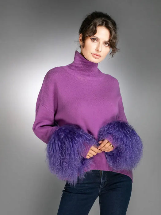 Purple Cashmere Sweater Mongolian Shearling Wool Cuffs