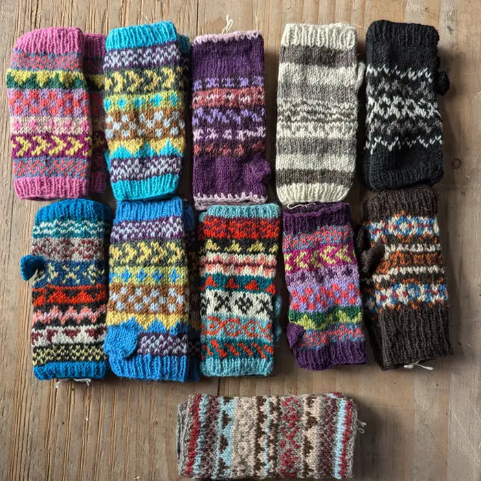 Handmade Woolen Knit Fleece-Lined Colorful Fingerless Gloves