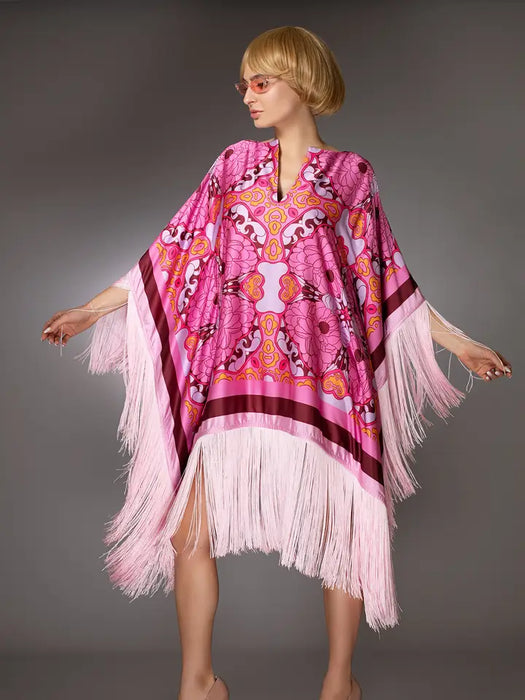 St- Pink Floral Fringed Satin Short Kaftan Dress