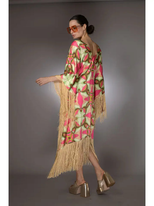 St- Pink Abstract Fringed Satin Long Kaftan Dress