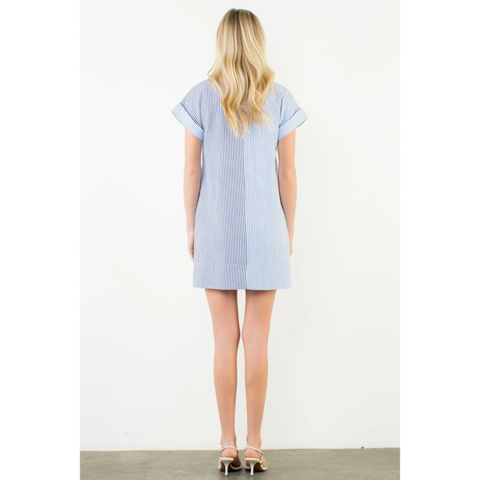 Short Sleeve Split Striped V-Neck Dress