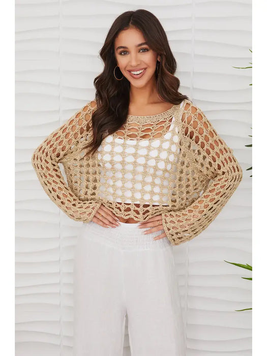 Scoop Neck Open Crochet Bell Sleeve Top
