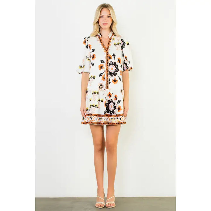 Puff Sleeve V-Neck Floral Mini Dress