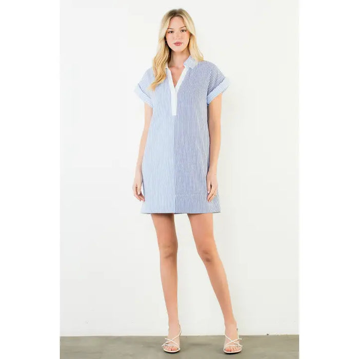 Short Sleeve Split Striped V-Neck Dress