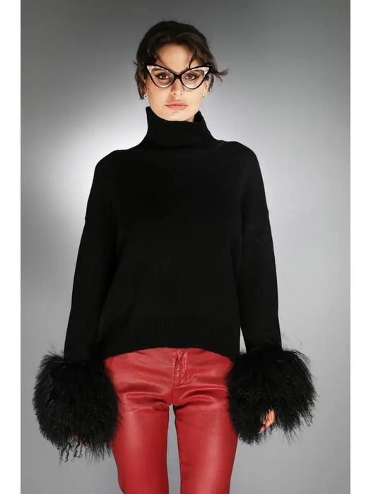 Black Cashmere Sweater with Mongolian Shearling Cuffs