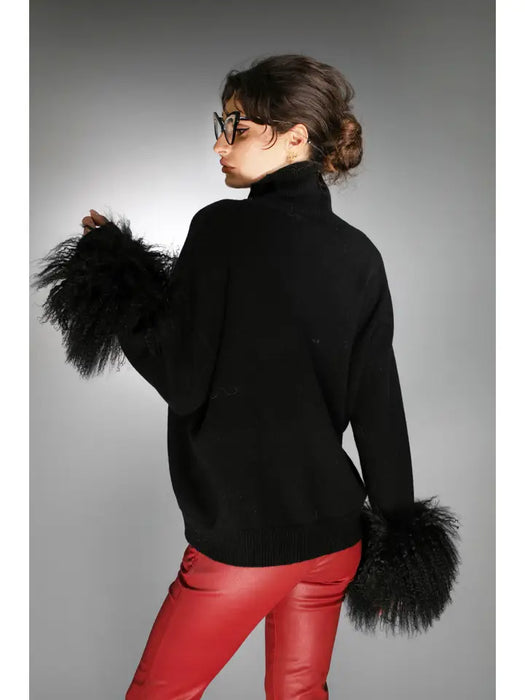 Black Cashmere Sweater with Mongolian Shearling Cuffs