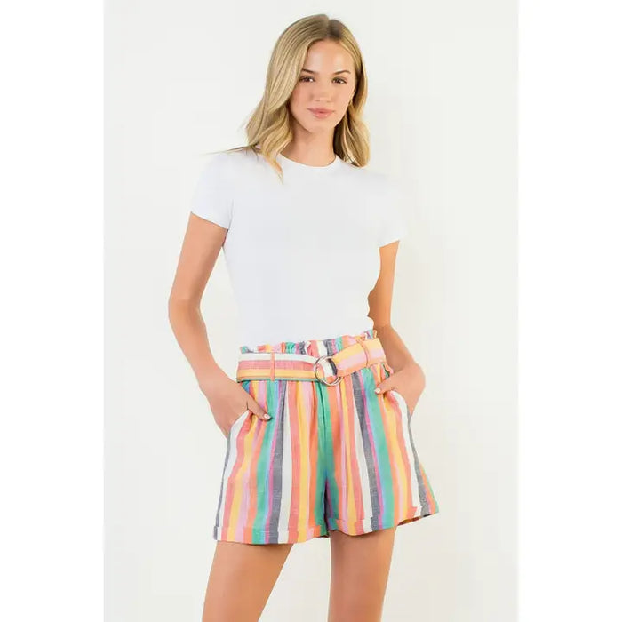 Pink Multicolor High Waist Stripe Shorts