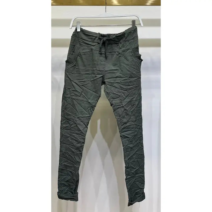 Drawstring Crinkle Joggers - Army Green