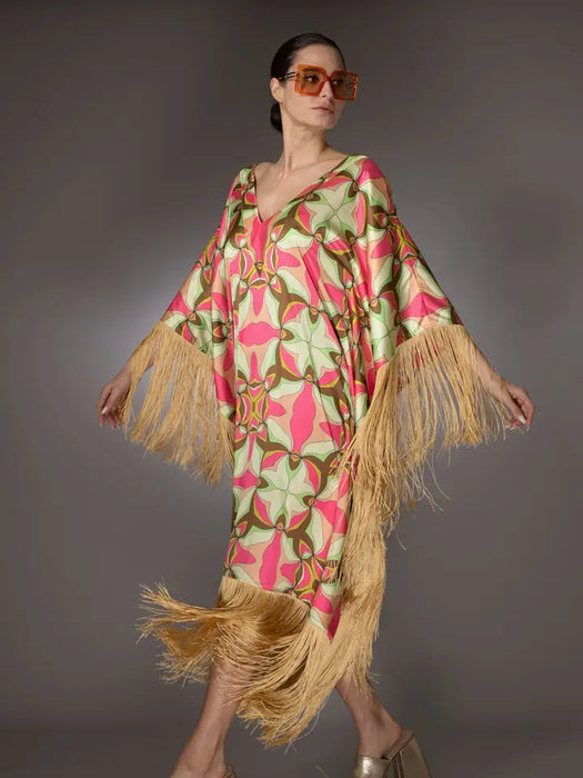 St- Pink Abstract Fringed Satin Long Kaftan Dress