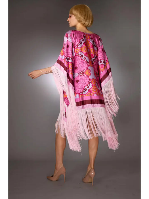 St- Pink Floral Fringed Satin Short Kaftan Dress