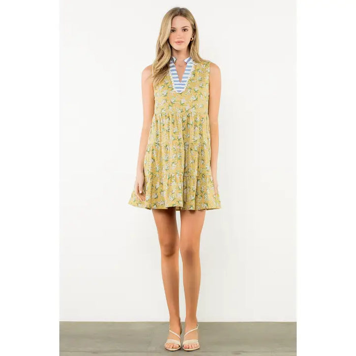 Striped Neck Trim Sleeveless Floral Dress