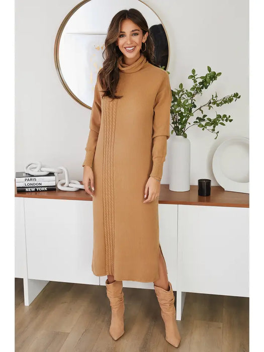 Turtleneck Sweater Dress with Cable Detail