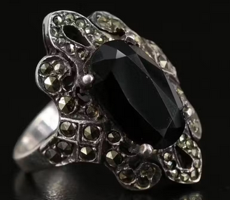 Sterling Black Onyx and Marcasite Ring