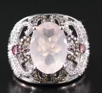 Rose Quartz, Tourmaline and Diamond Ring