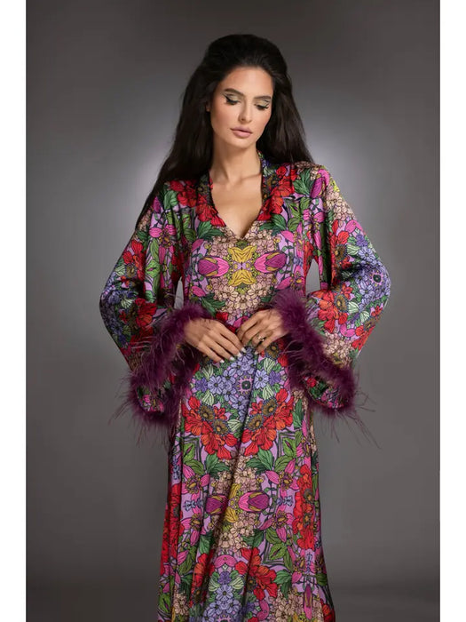 Red Floral High Low Gown Bell Sleeves Ostrich Feathers