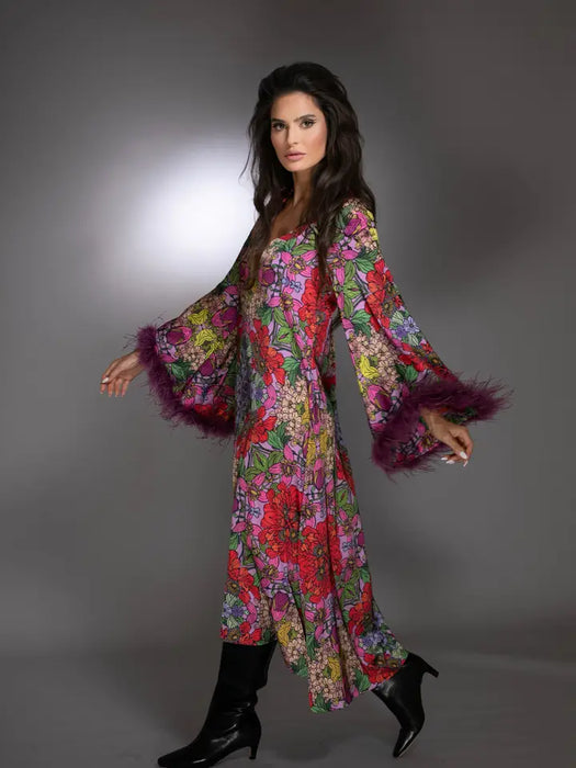 Red Floral High Low Gown Bell Sleeves Ostrich Feathers