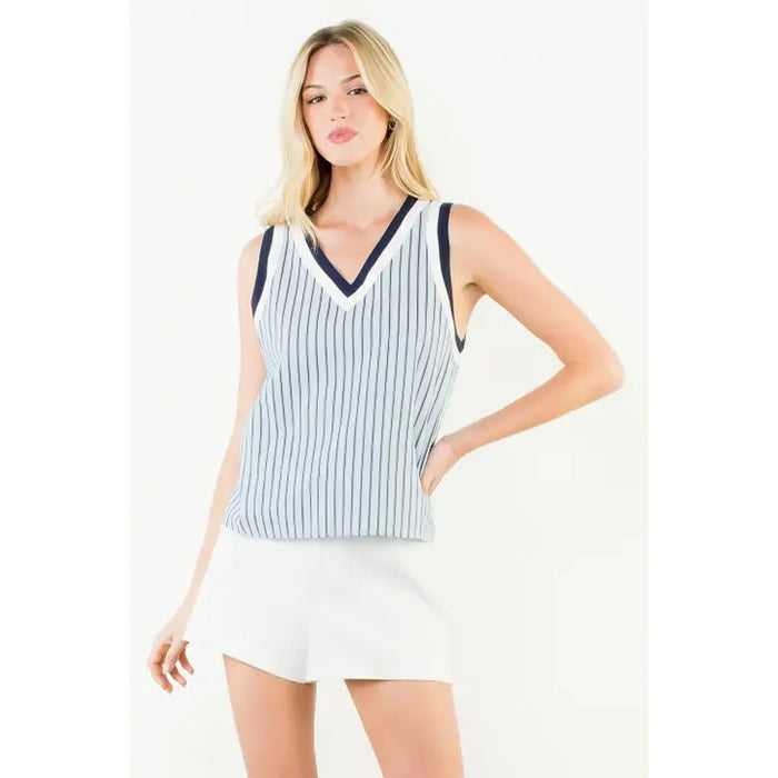 Sleeveless V-Neck Stripe Trim Top
