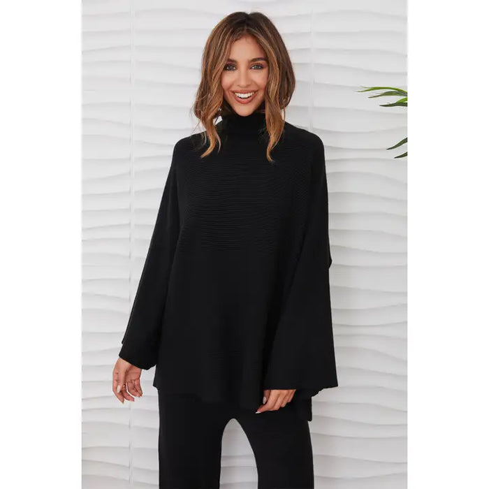 Relaxed Wide Sleeve Turtleneck Sweater - Black