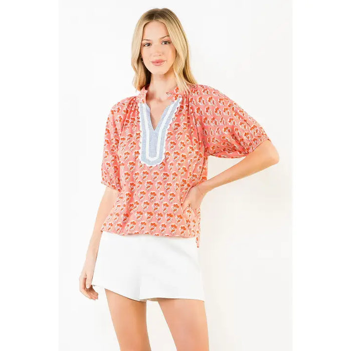 Short Sleeve Patterned V-Neck Top