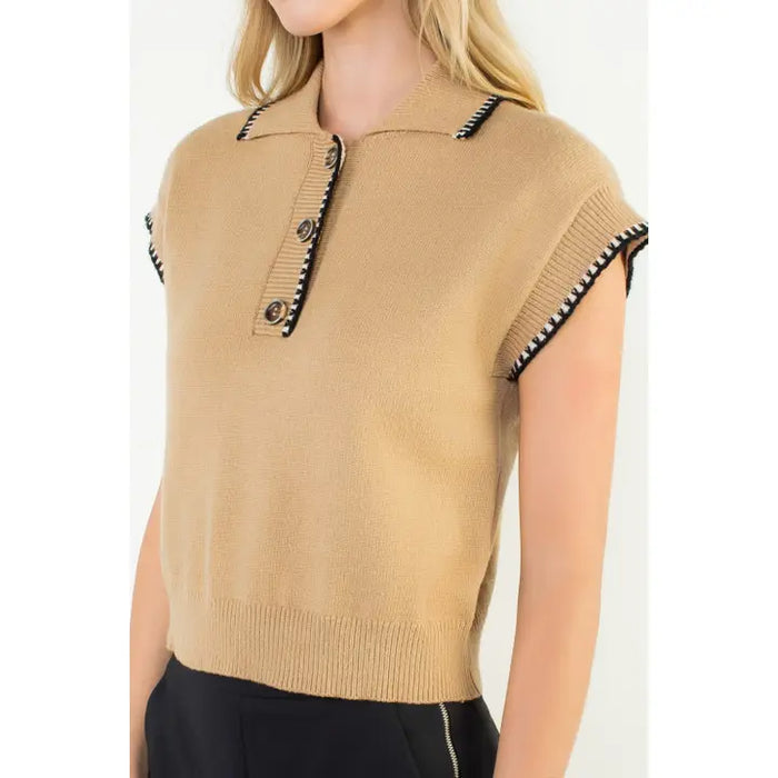 Contrast Trim Collared Button Knit Top