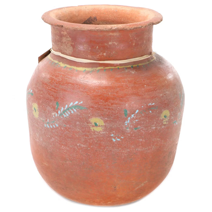 Brazilian Hand-Painted Terracotta Jar With Floral Motif