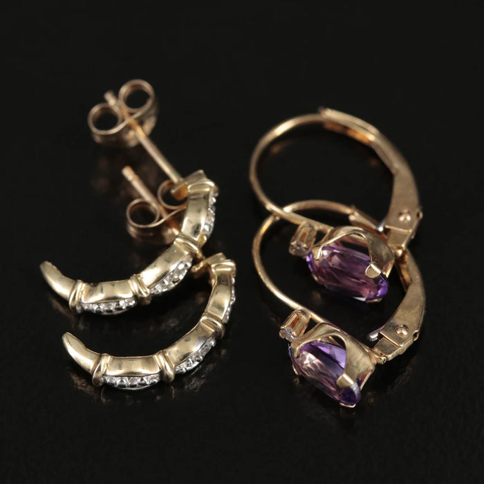 14K Amethyst and Diamond Earrings w/ 10K Diamond Half Hoop Earrings
